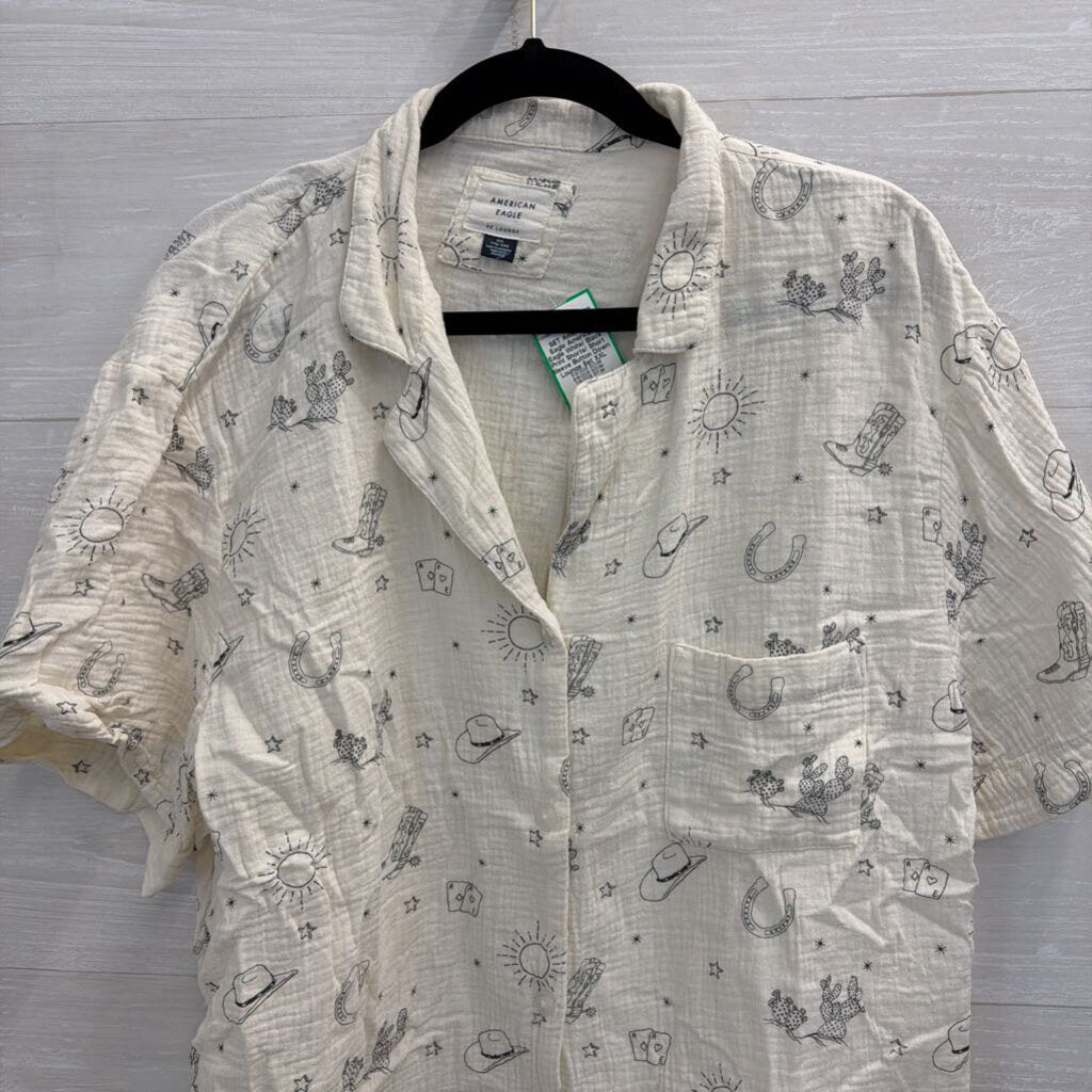 American Eagle White/ Black Print Shorts/ Short Sleeve Button Down Lounge Set XXL