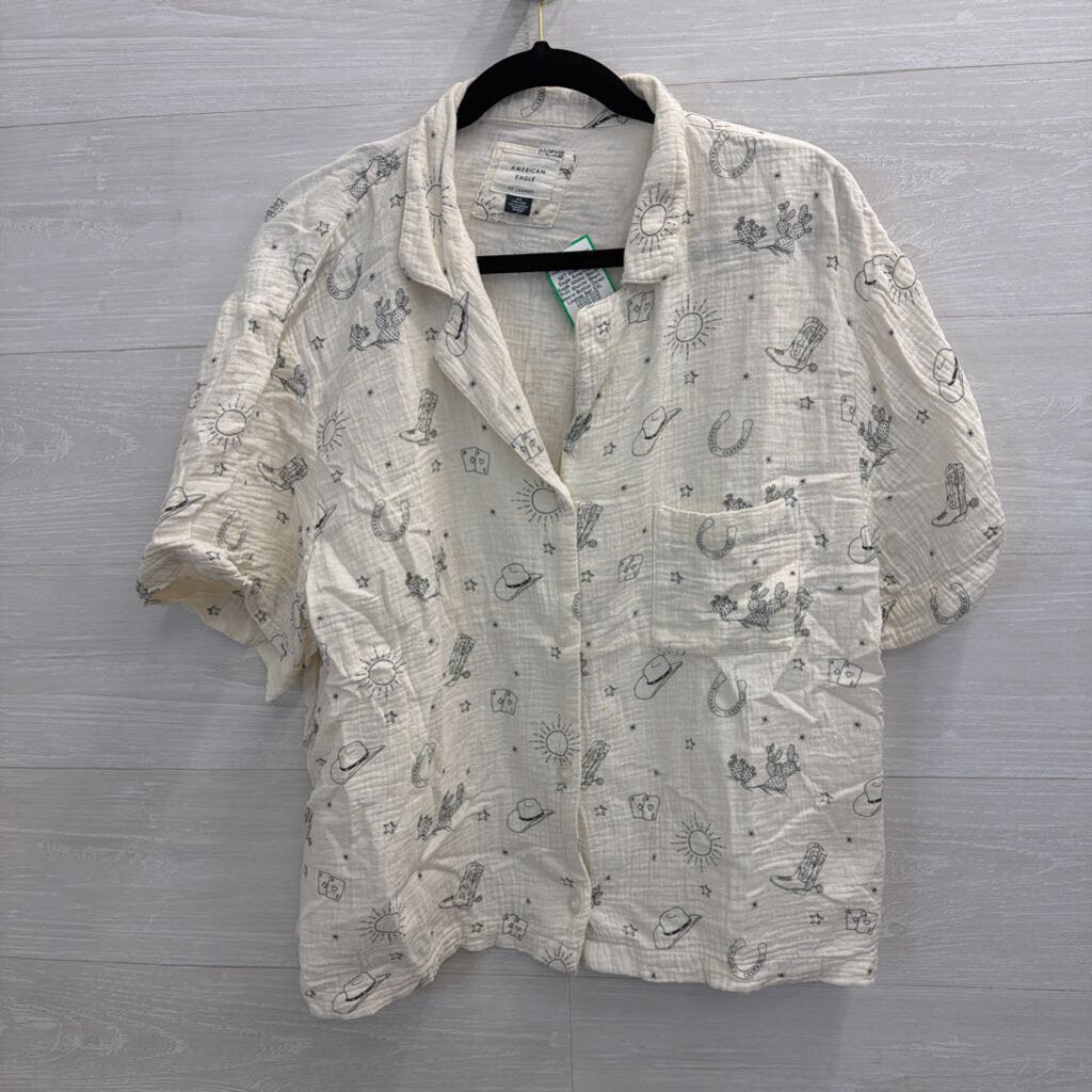 American Eagle White/ Black Print Shorts/ Short Sleeve Button Down Lounge Set XXL