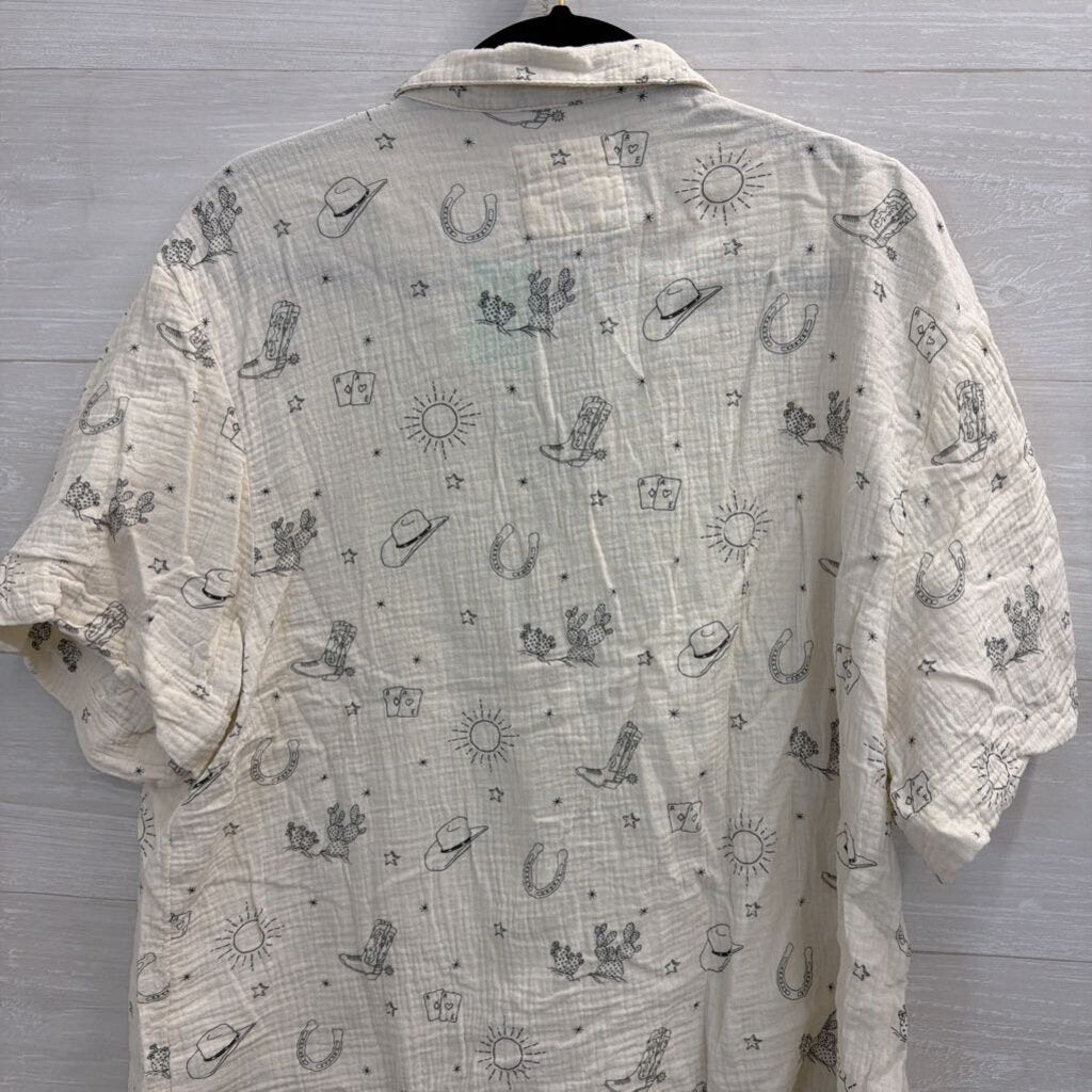 American Eagle White/ Black Print Shorts/ Short Sleeve Button Down Lounge Set XXL