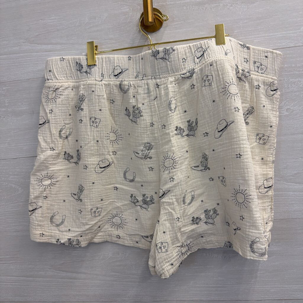 American Eagle White/ Black Print Shorts/ Short Sleeve Button Down Lounge Set XXL