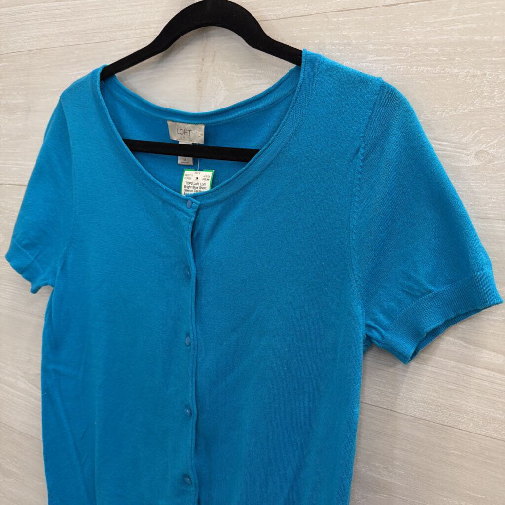 Loft Bright Blue Short Sleeve Cardigan Sweater Medium