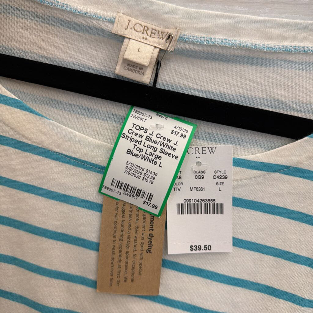 J. Crew Blue/White Striped Long Sleeve Top Large