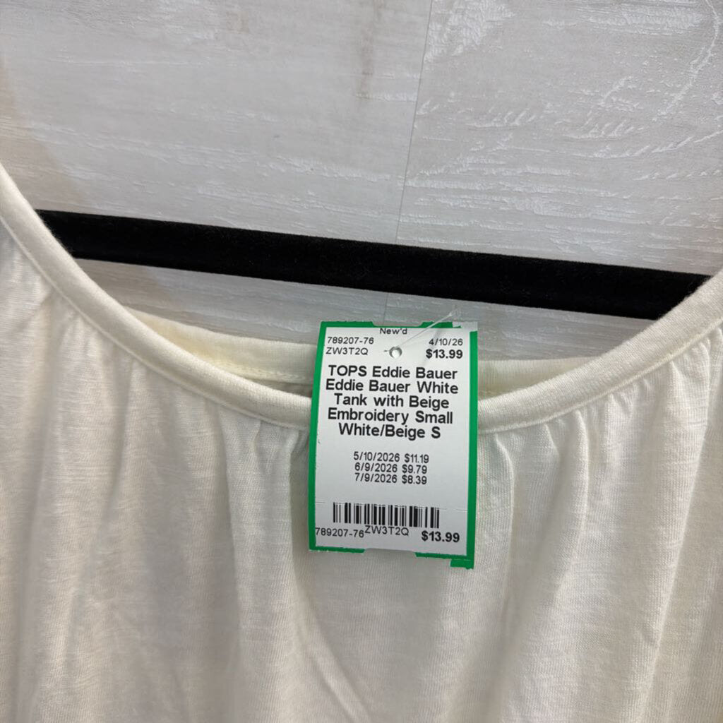 Eddie Bauer White Tank with Beige Embroidery Small