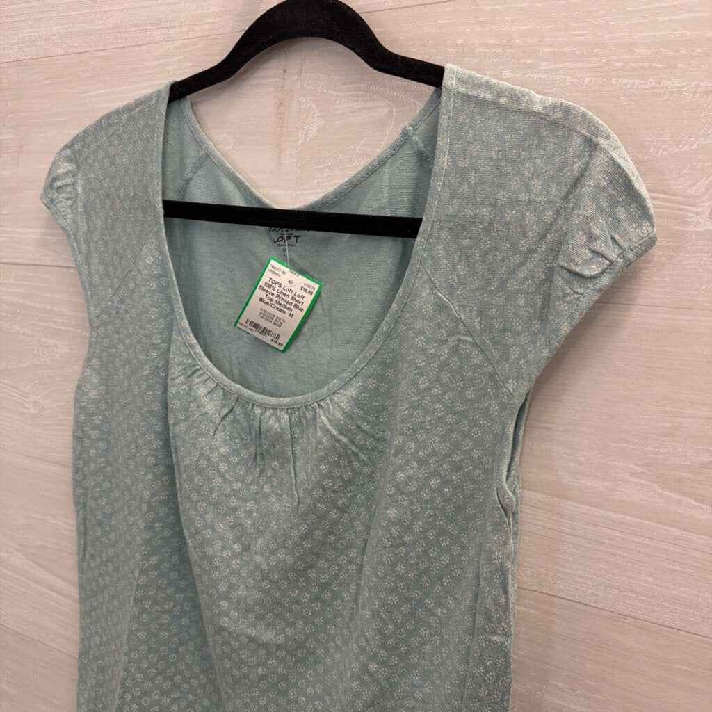 Loft 100% Linen Short Sleeve Printed Blue Top Medium