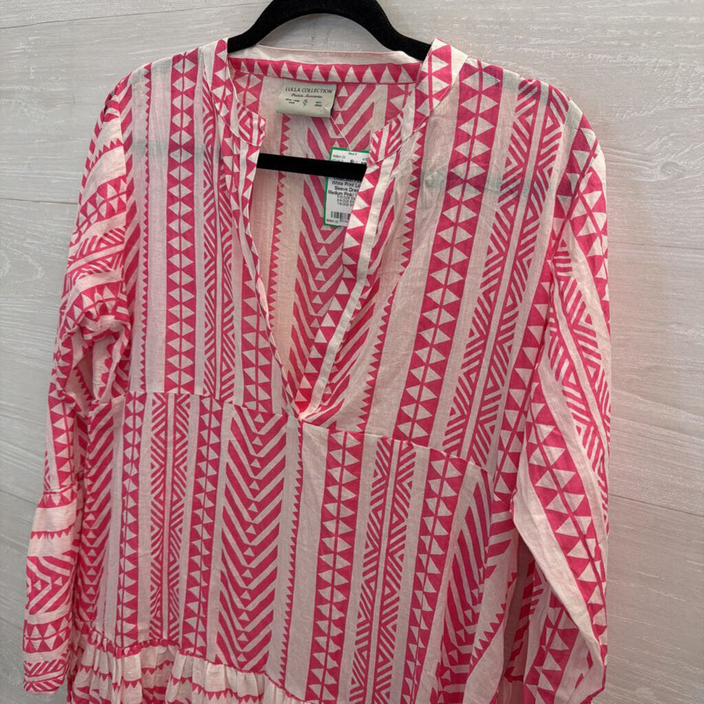 Lulla Collection Pink/ White Print Long Sleeve Dress Medium