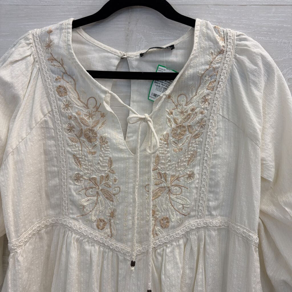Black Tape Cream/ Brown Embroidered Long Sleeve Midi Dress Large