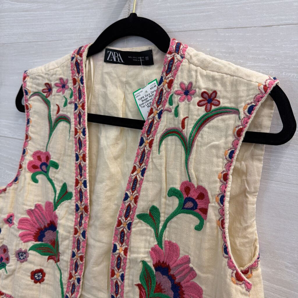 Zara Beige/ Multi Embroidered Vest Top Large