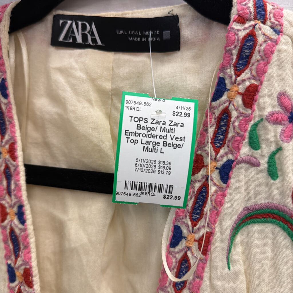 Zara Beige/ Multi Embroidered Vest Top Large