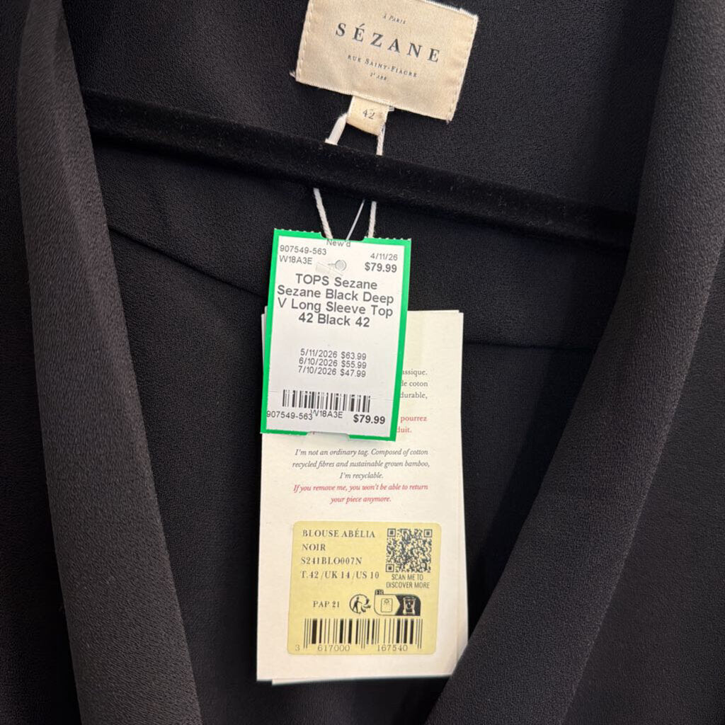 Sezane Black Deep V Long Sleeve Top 42