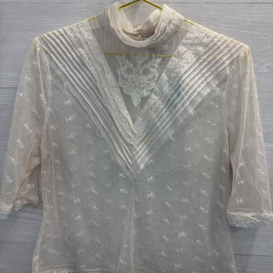 John Paul Richard White Sheer Embroidered Lace Top Large Petite
