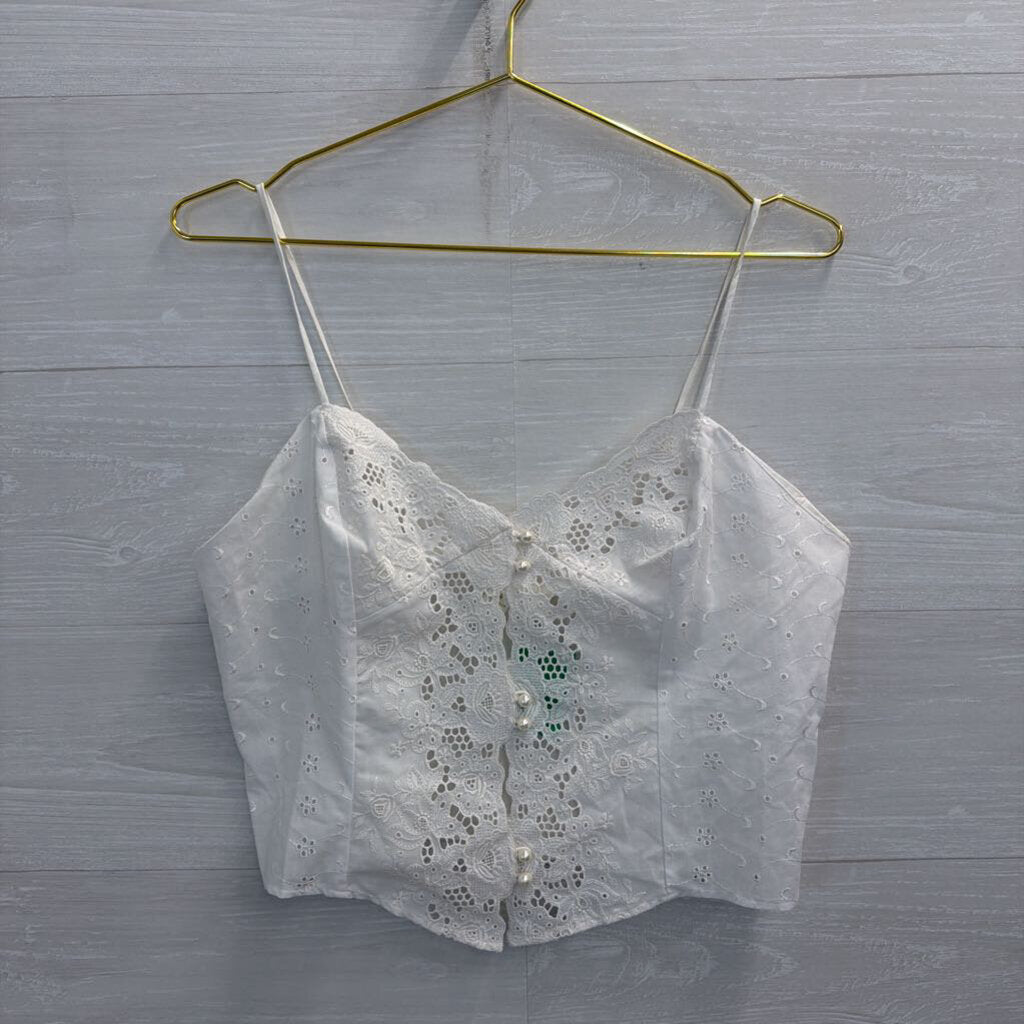 Vintage Victoria's Secret White Eyelet Detail Button Front Cropped Tank Top Medium