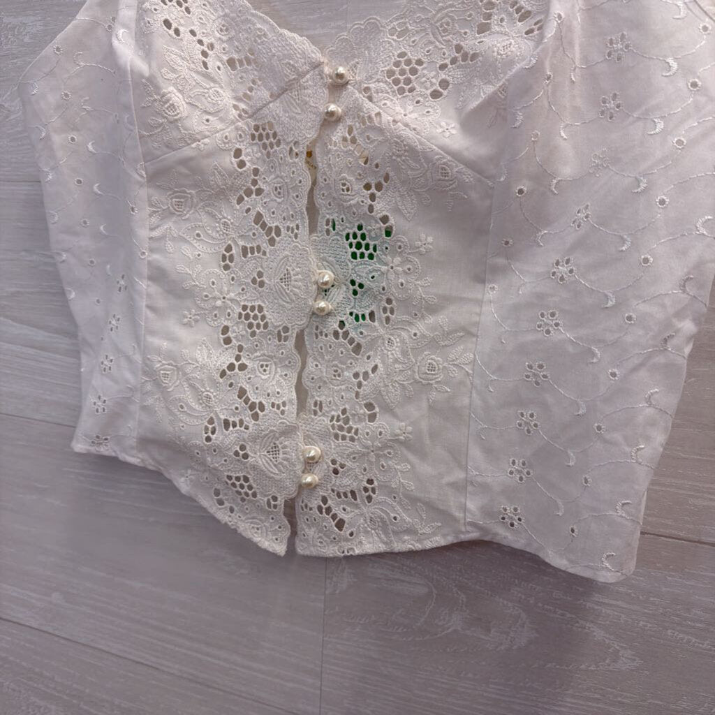 Vintage Victoria's Secret White Eyelet Detail Button Front Cropped Tank Top Medium