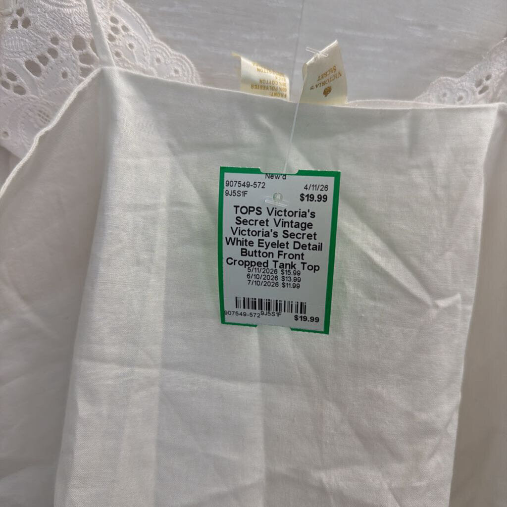 Vintage Victoria's Secret White Eyelet Detail Button Front Cropped Tank Top Medium