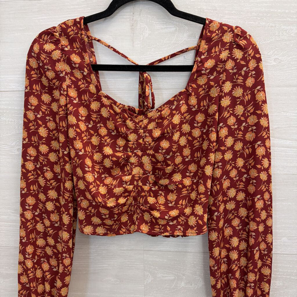 Altar'd State Burgundy/ Orange Print Cropped Long Sleeve Top Small