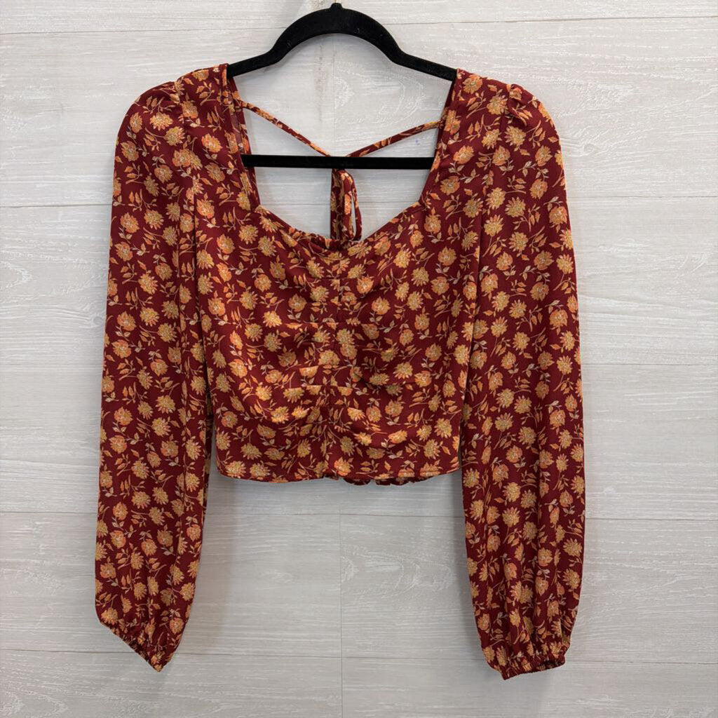 Altar'd State Burgundy/ Orange Print Cropped Long Sleeve Top Small