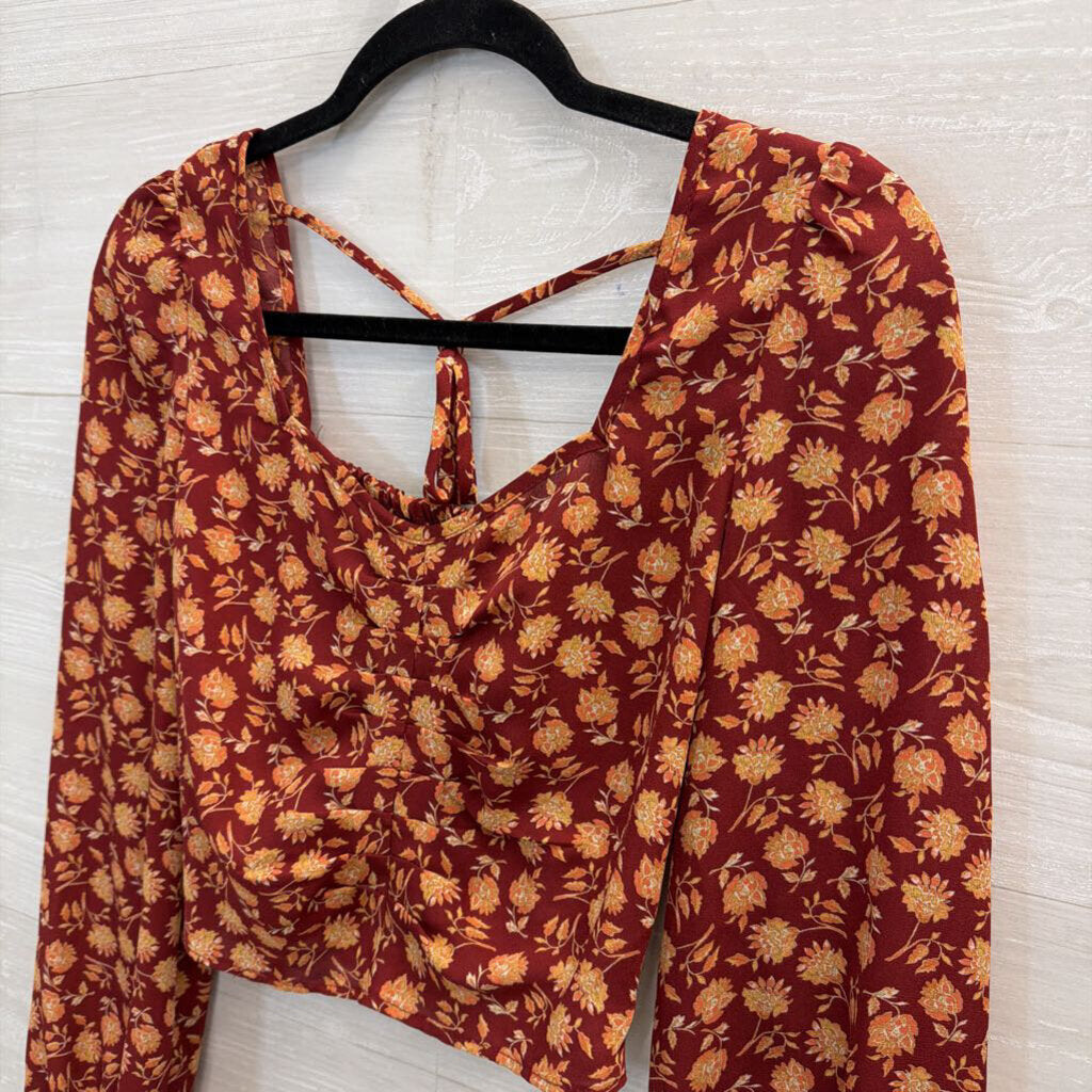 Altar'd State Burgundy/ Orange Print Cropped Long Sleeve Top Small