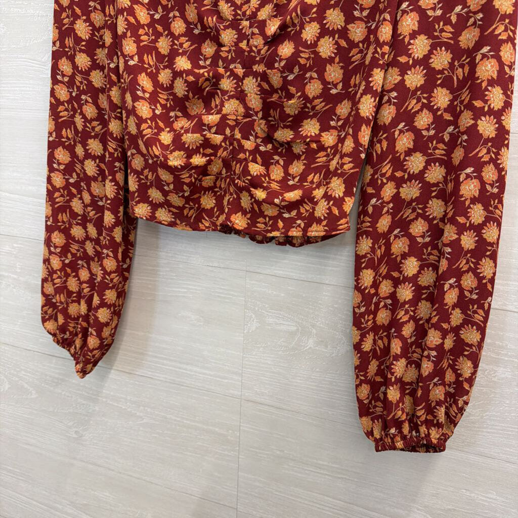 Altar'd State Burgundy/ Orange Print Cropped Long Sleeve Top Small
