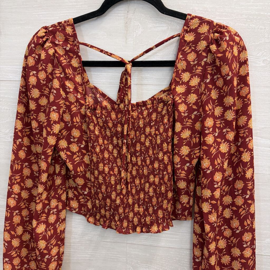 Altar'd State Burgundy/ Orange Print Cropped Long Sleeve Top Small