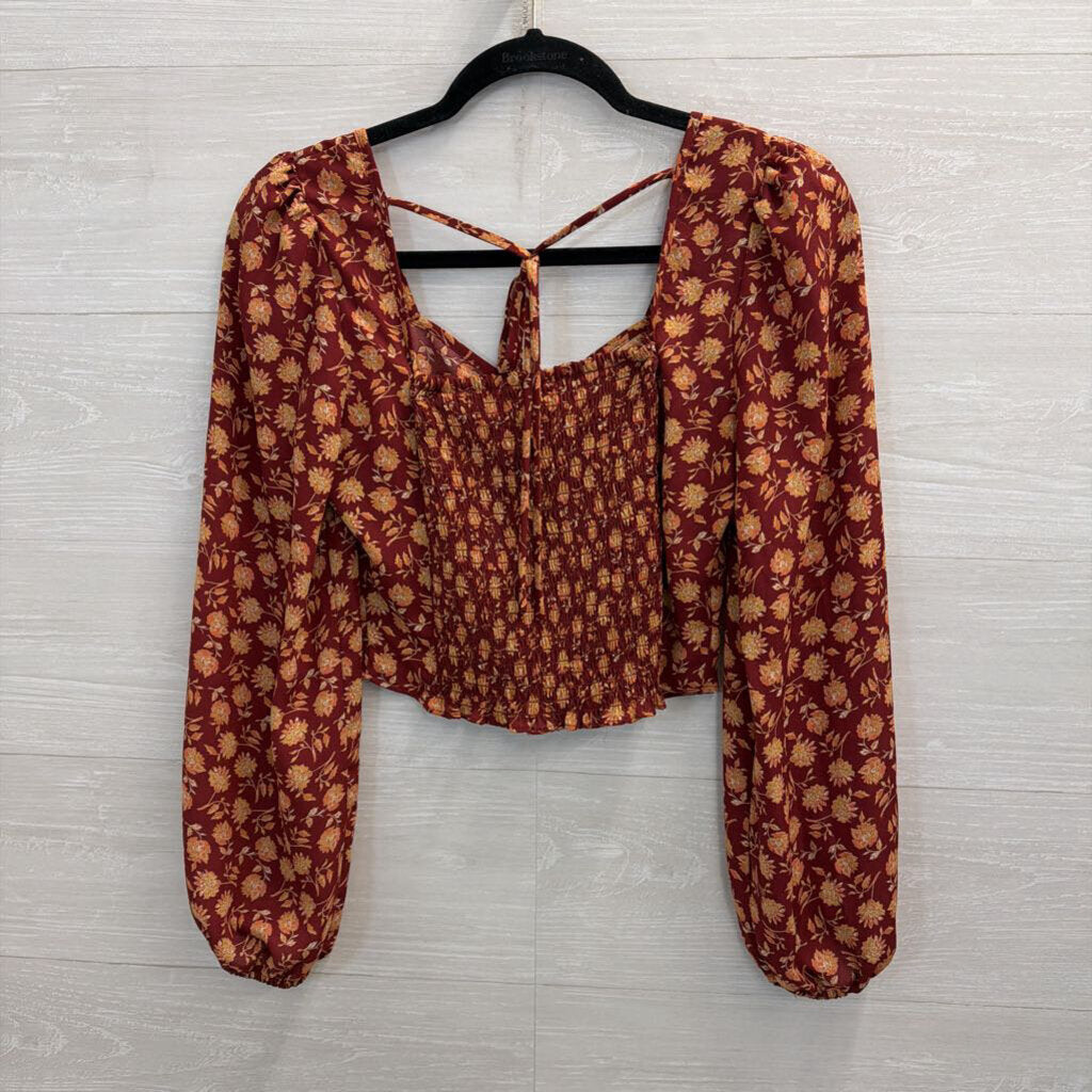 Altar'd State Burgundy/ Orange Print Cropped Long Sleeve Top Small