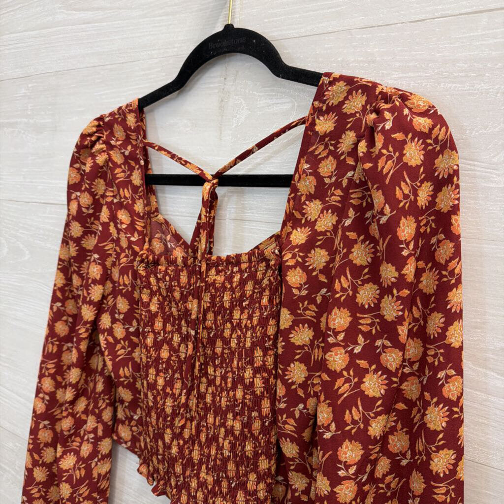 Altar'd State Burgundy/ Orange Print Cropped Long Sleeve Top Small