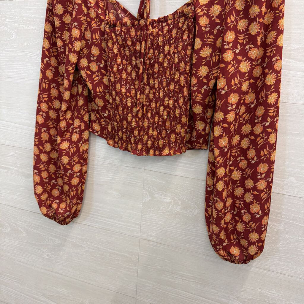 Altar'd State Burgundy/ Orange Print Cropped Long Sleeve Top Small
