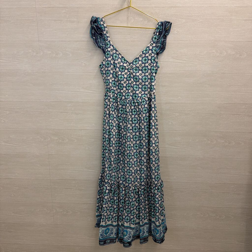 Lucky Brand White/ Blue Print Maxi Dress Small