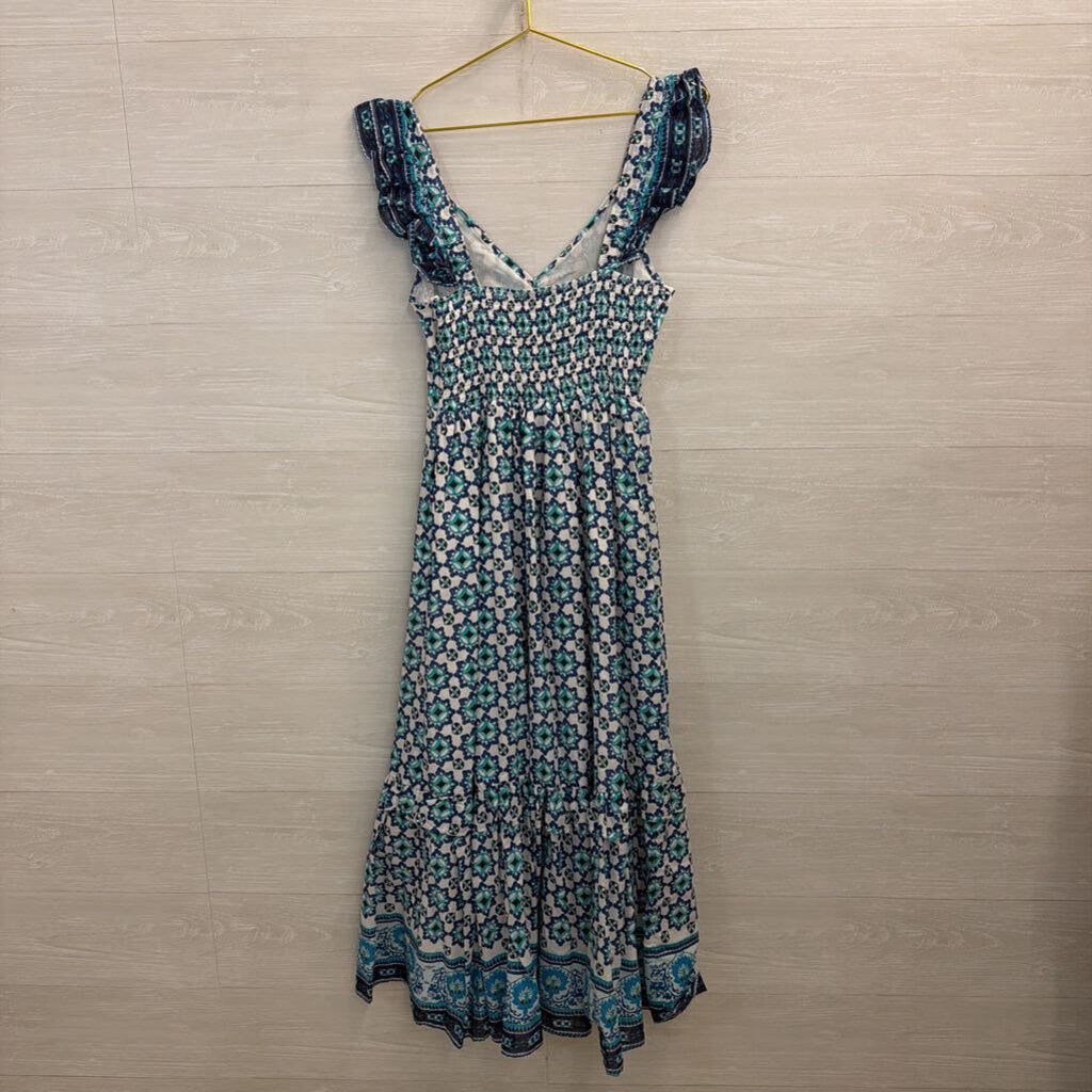 Lucky Brand White/ Blue Print Maxi Dress Small