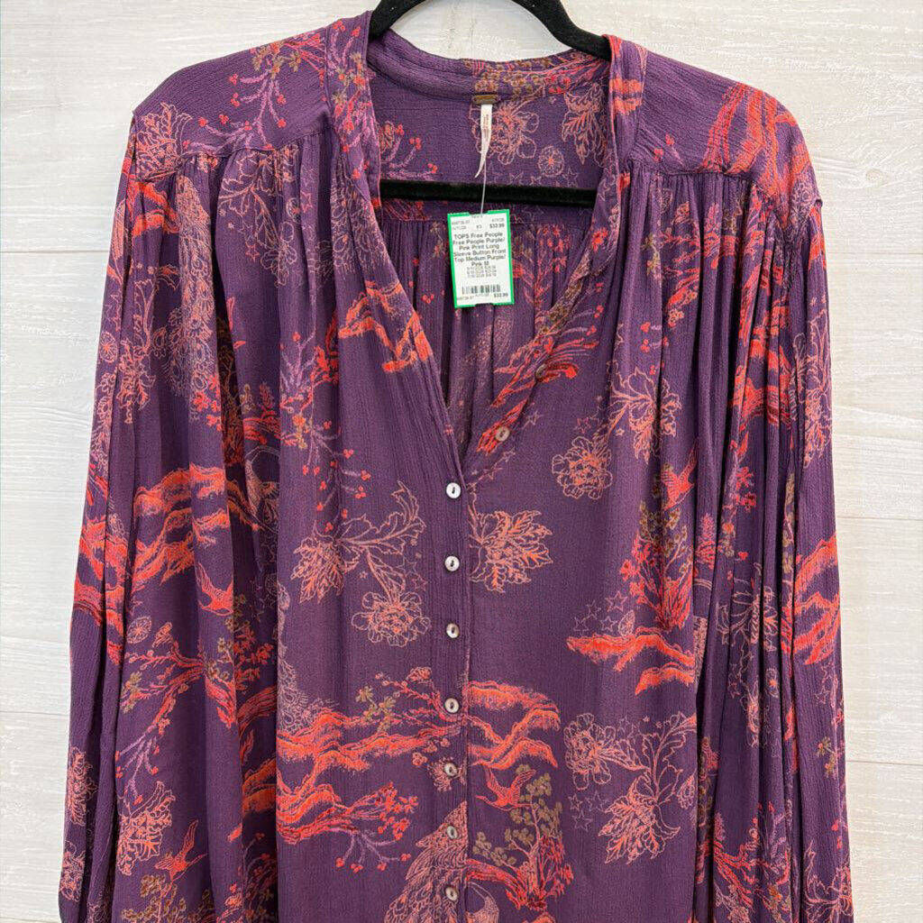 Free People Purple/ Pink Print Long Sleeve Button Front Top Medium