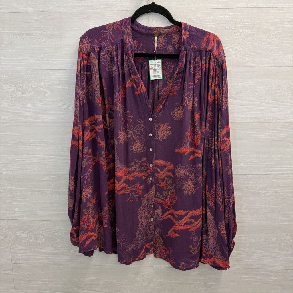 Free People Purple/ Pink Print Long Sleeve Button Front Top Medium