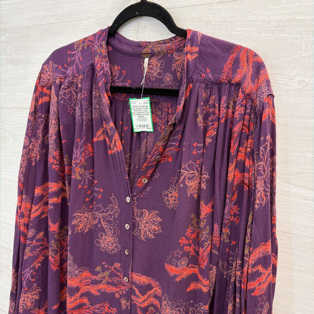 Free People Purple/ Pink Print Long Sleeve Button Front Top Medium
