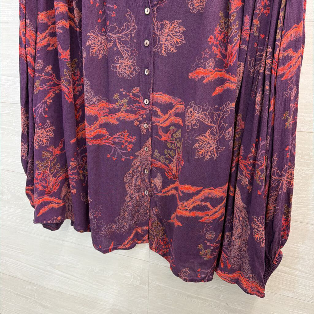 Free People Purple/ Pink Print Long Sleeve Button Front Top Medium