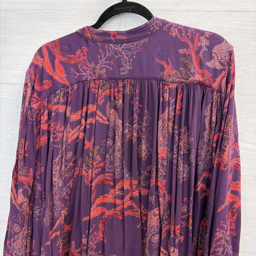 Free People Purple/ Pink Print Long Sleeve Button Front Top Medium