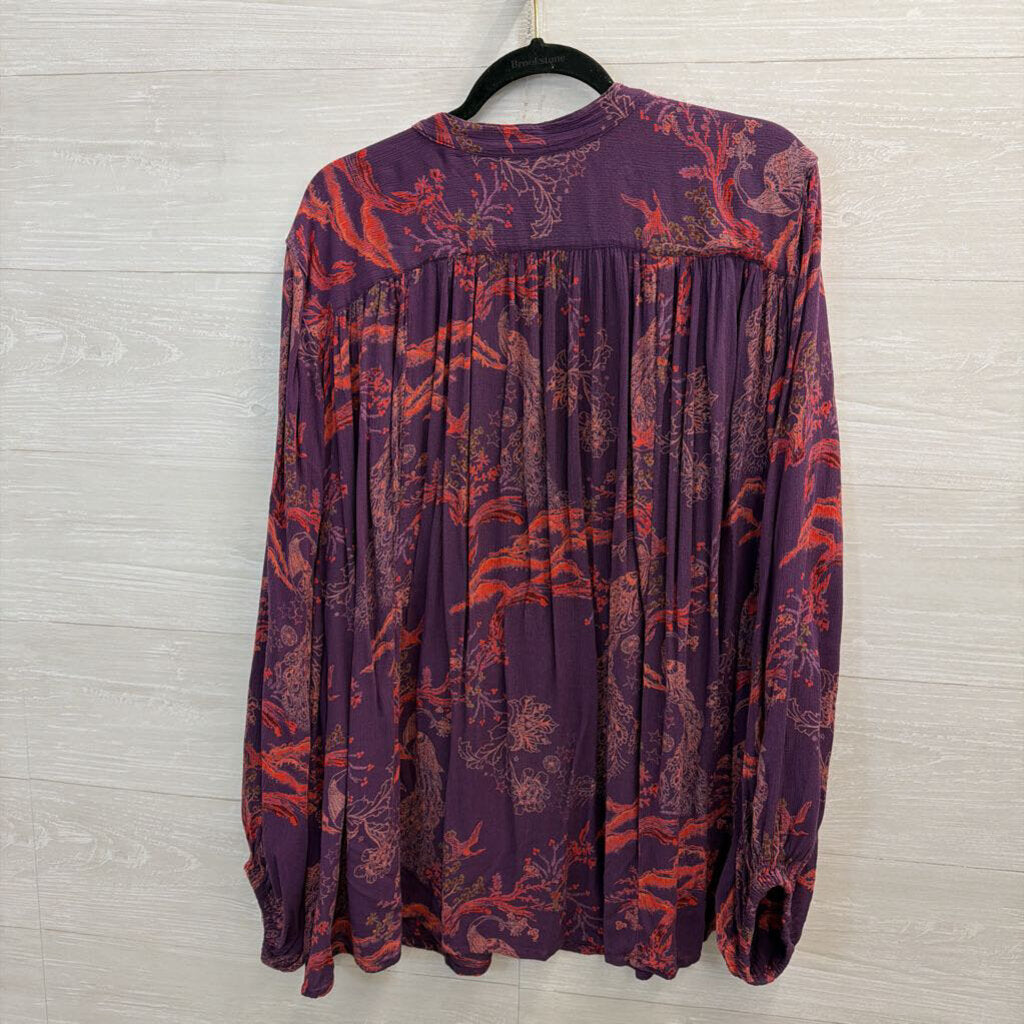 Free People Purple/ Pink Print Long Sleeve Button Front Top Medium