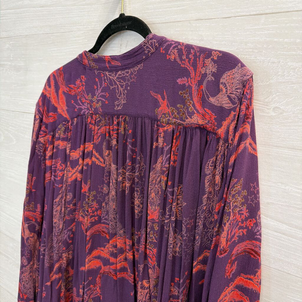 Free People Purple/ Pink Print Long Sleeve Button Front Top Medium