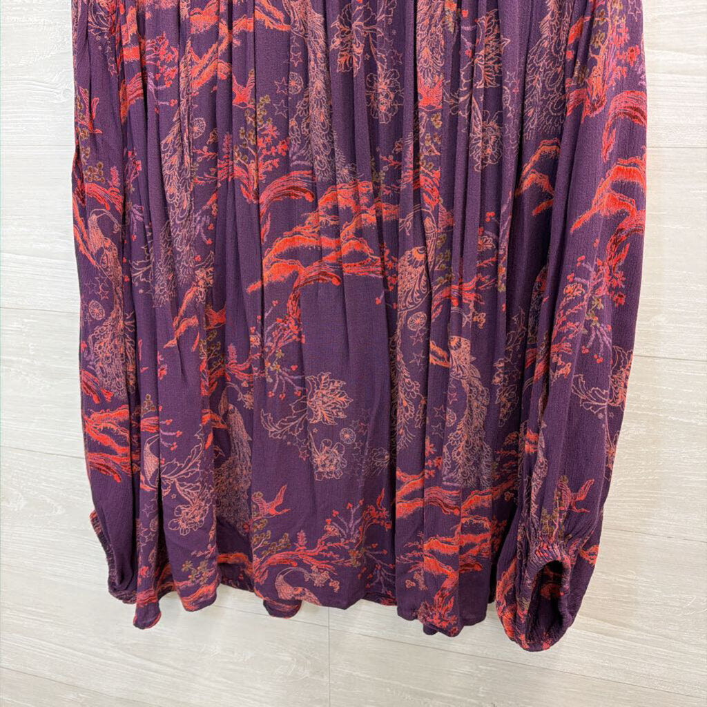 Free People Purple/ Pink Print Long Sleeve Button Front Top Medium