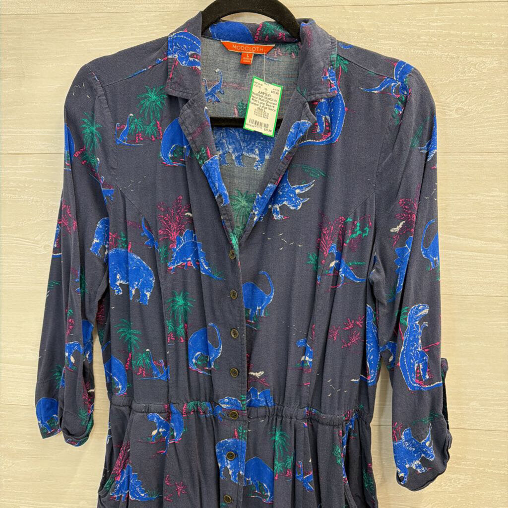 ModCloth Navy/ Multi Dinosaur Print Long Sleeve Romper Large