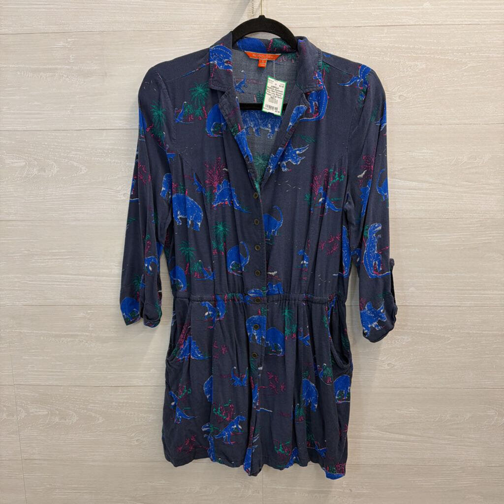 ModCloth Navy/ Multi Dinosaur Print Long Sleeve Romper Large