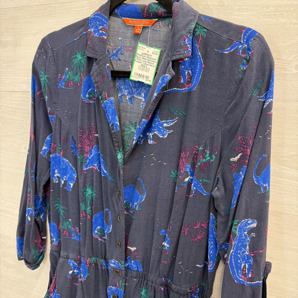 ModCloth Navy/ Multi Dinosaur Print Long Sleeve Romper Large