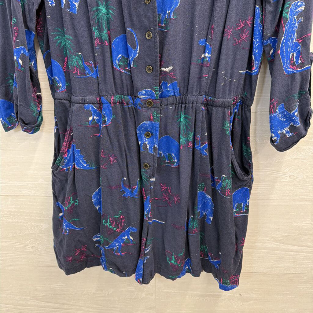 ModCloth Navy/ Multi Dinosaur Print Long Sleeve Romper Large