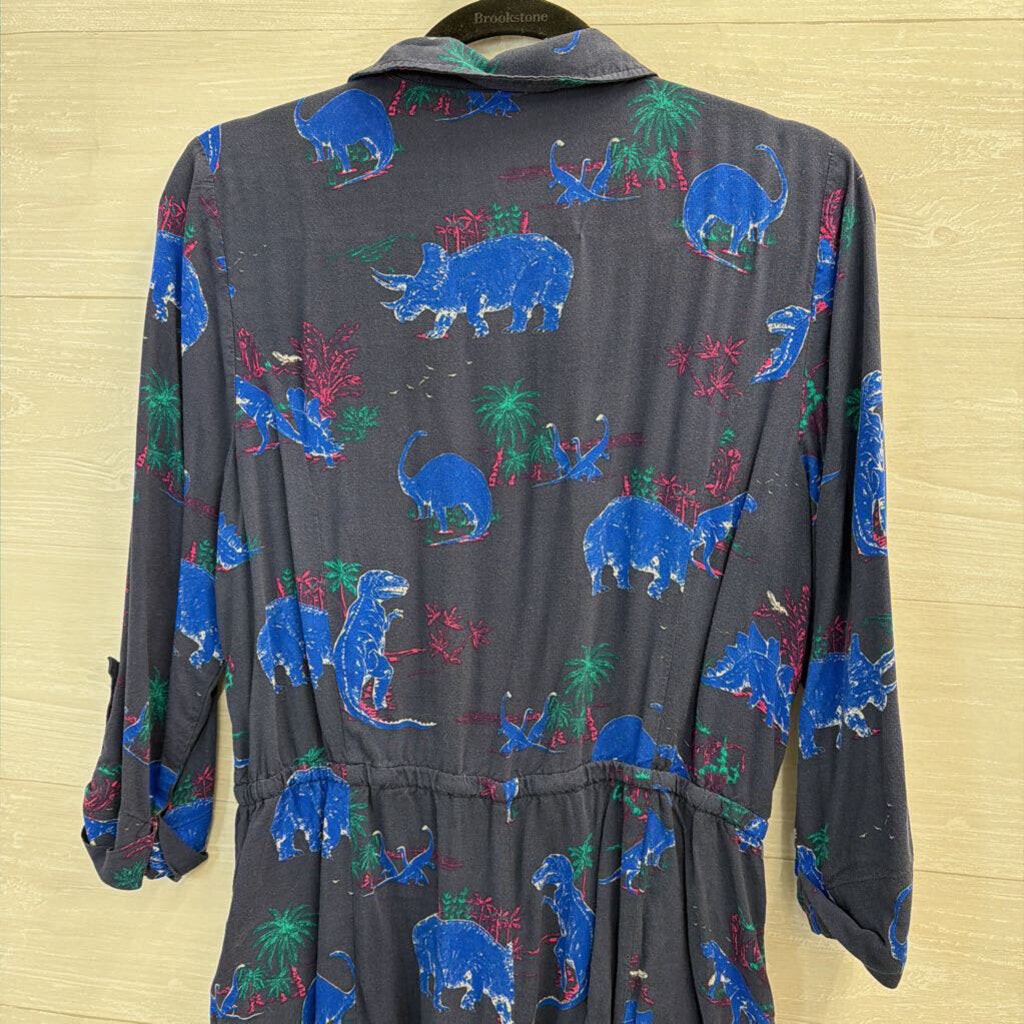 ModCloth Navy/ Multi Dinosaur Print Long Sleeve Romper Large