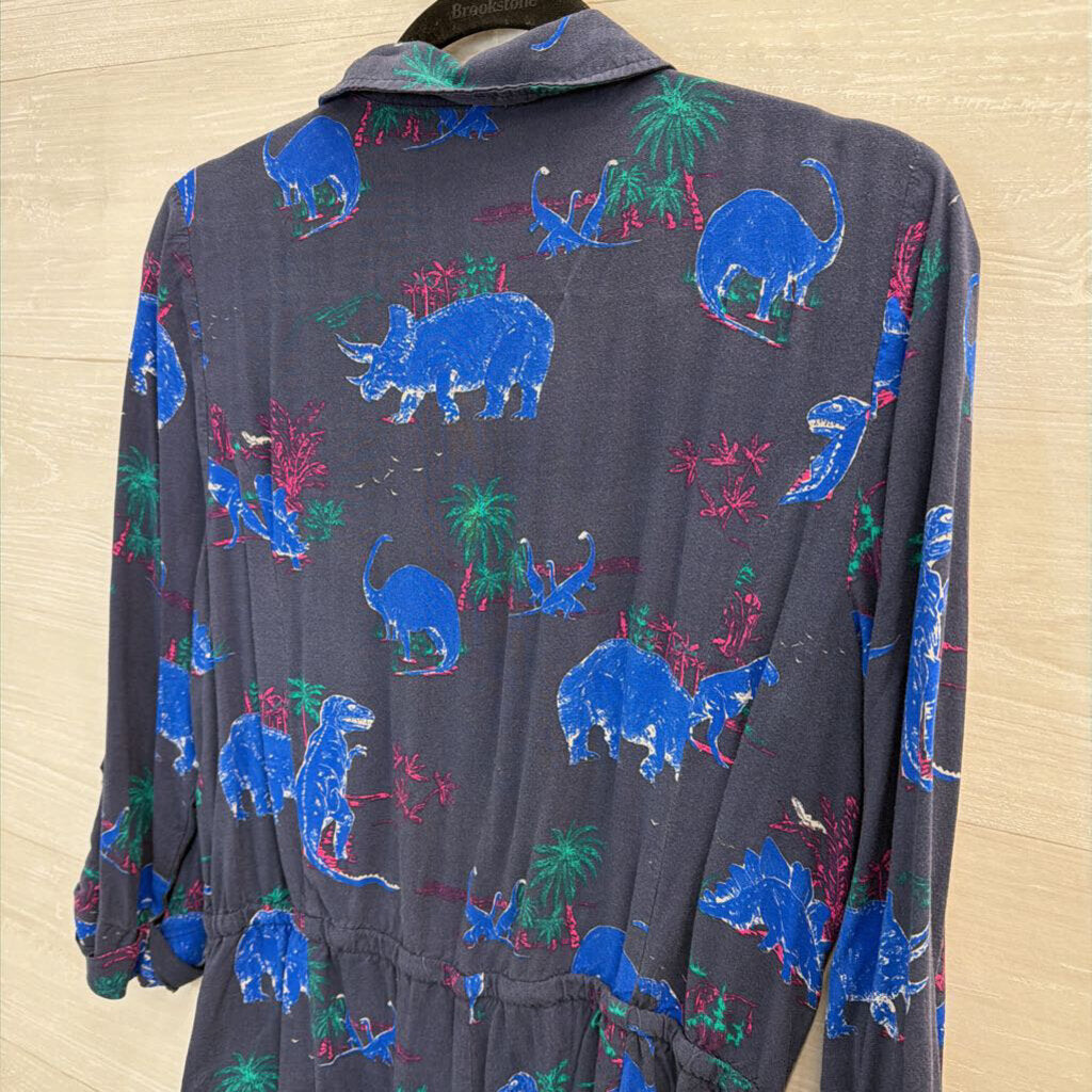 ModCloth Navy/ Multi Dinosaur Print Long Sleeve Romper Large