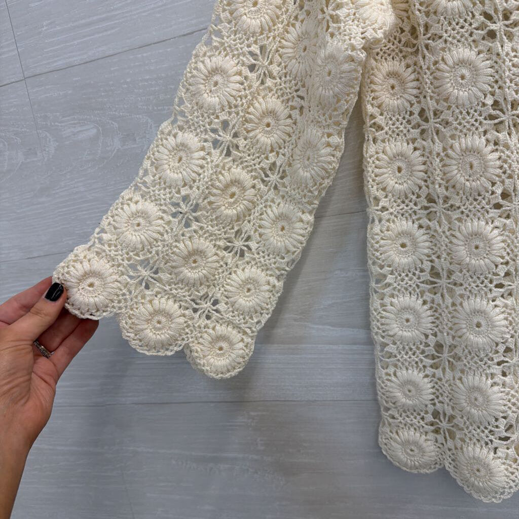 Cream Crochet Open Knit Long Sleeve Top Small