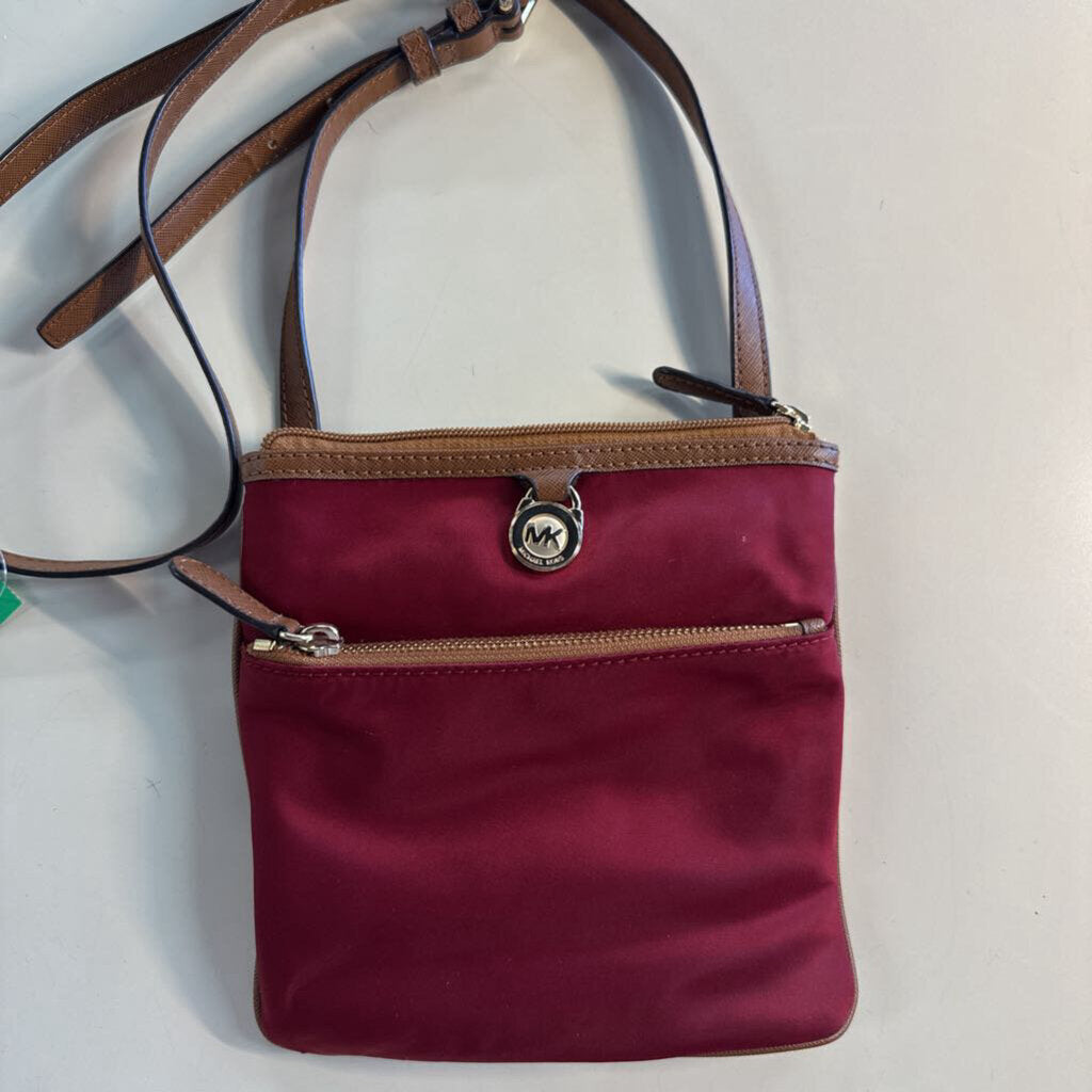 Michael Kors Burgundy Nylon Brown Leather Crossbody Purse