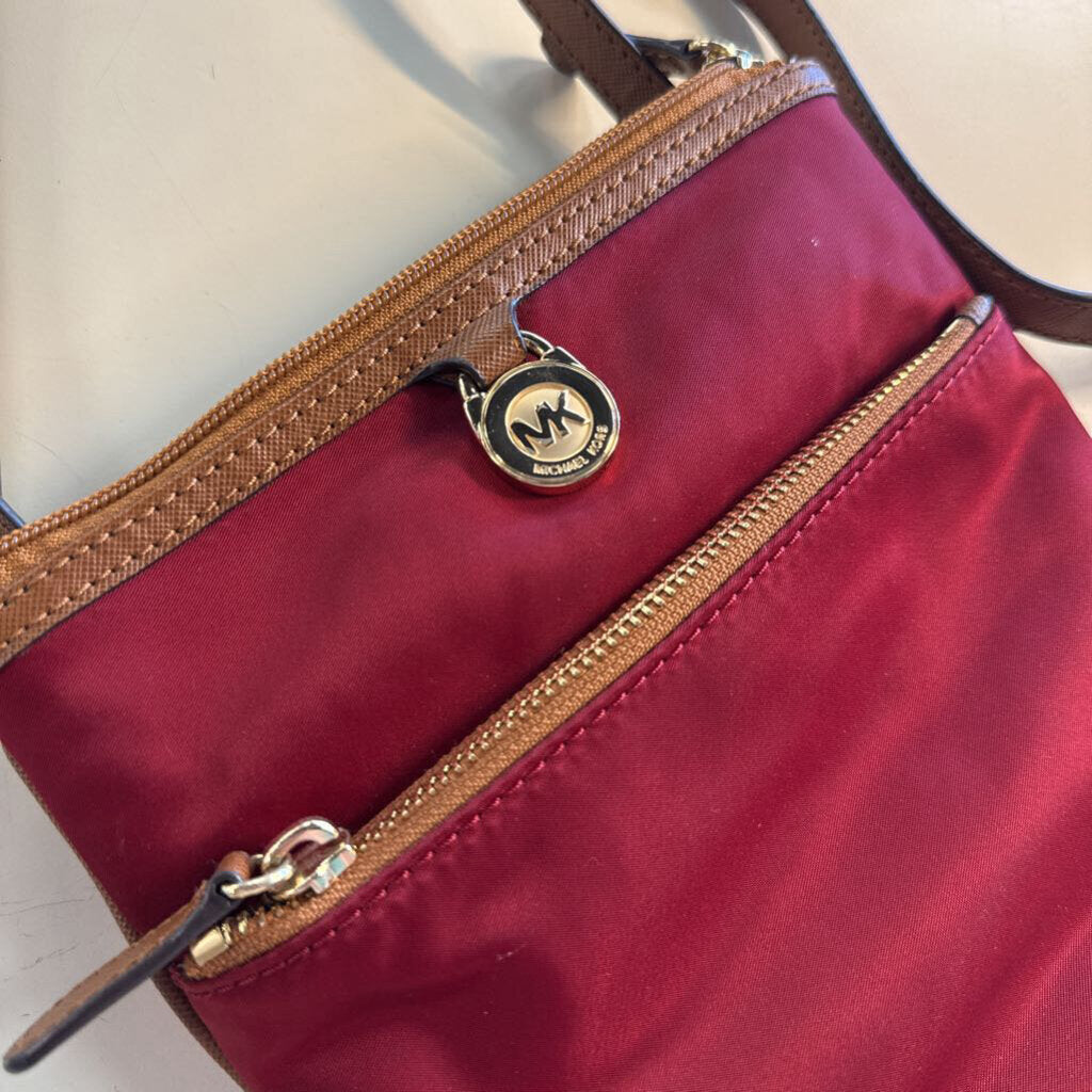 Michael Kors Burgundy Nylon Brown Leather Crossbody Purse