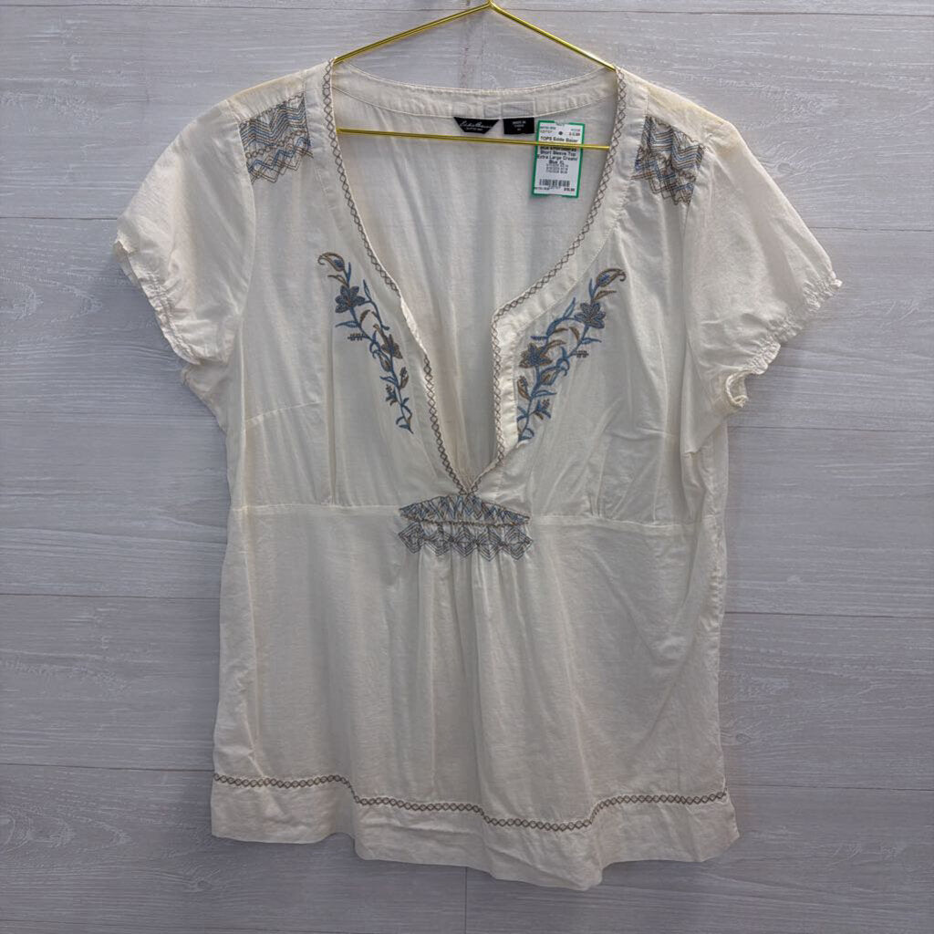 Eddie Bauer Cream/ Blue Embroidered Short Sleeve Top Extra Large