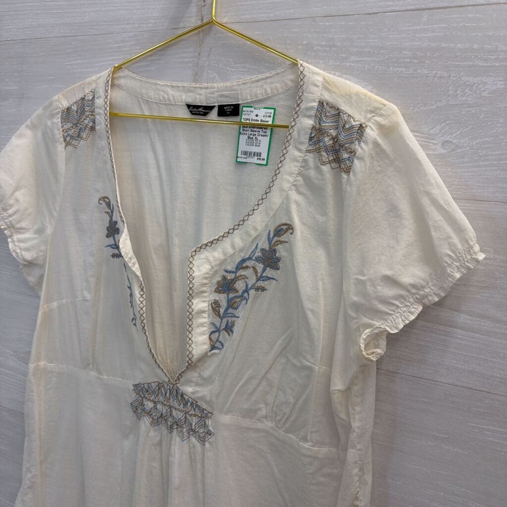 Eddie Bauer Cream/ Blue Embroidered Short Sleeve Top Extra Large