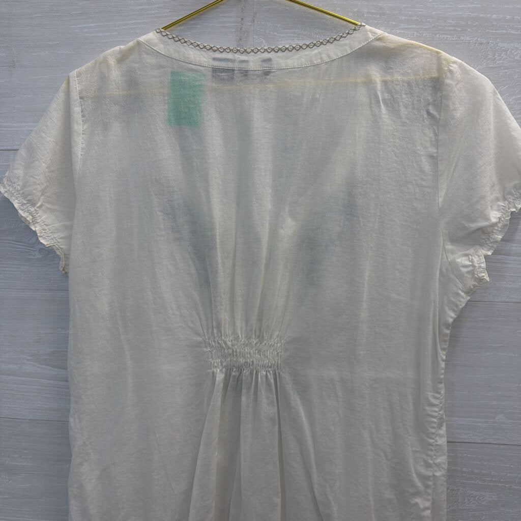 Eddie Bauer Cream/ Blue Embroidered Short Sleeve Top Extra Large