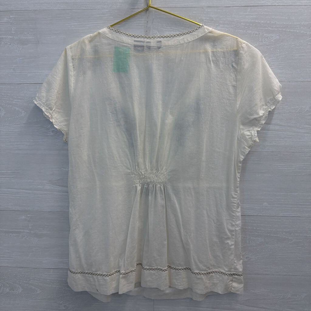 Eddie Bauer Cream/ Blue Embroidered Short Sleeve Top Extra Large