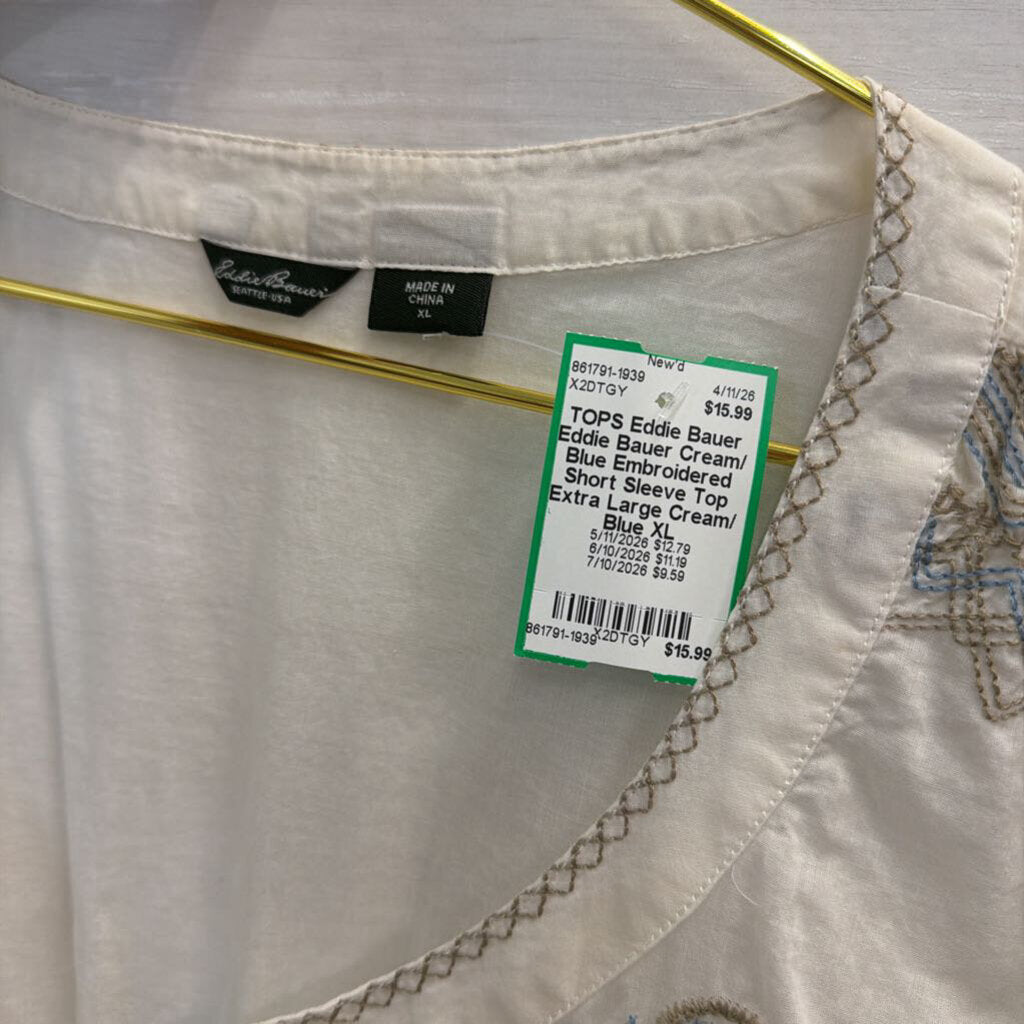 Eddie Bauer Cream/ Blue Embroidered Short Sleeve Top Extra Large