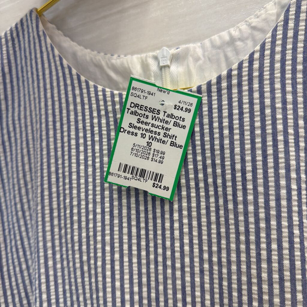 Talbots White/ Blue Seersucker Sleeveless Shift Dress 10